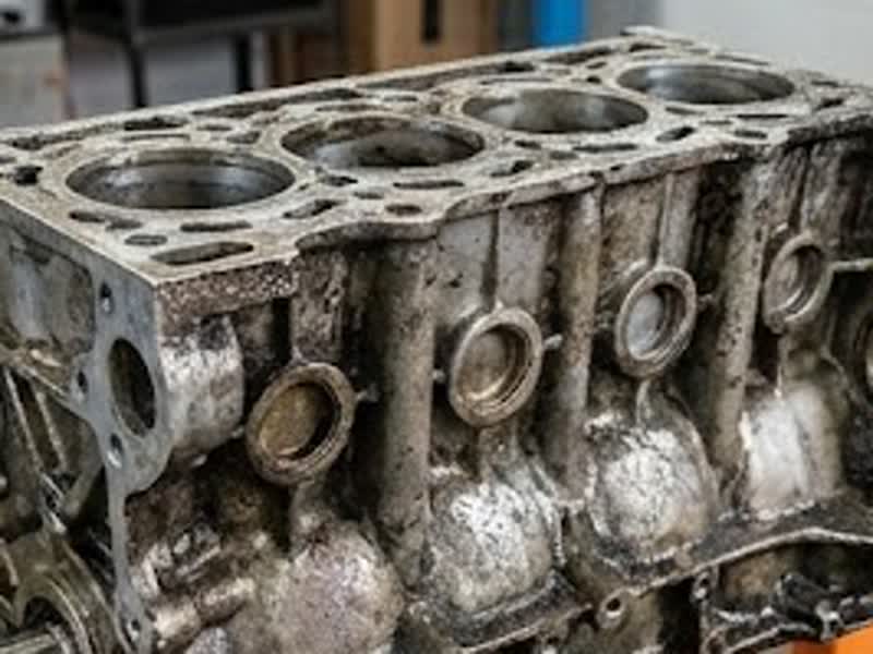Engine block covered in grime before laser cleaning